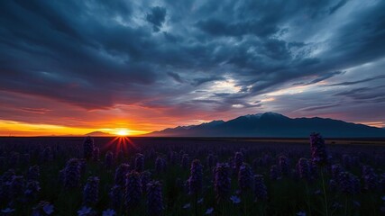 Obraz premium Dramatic sunset over a sea of purple flowers with mountains looming large in the distance, sunset, scenic view point