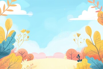 A bright, colorful landscape with trees, clouds, and a blue sky.