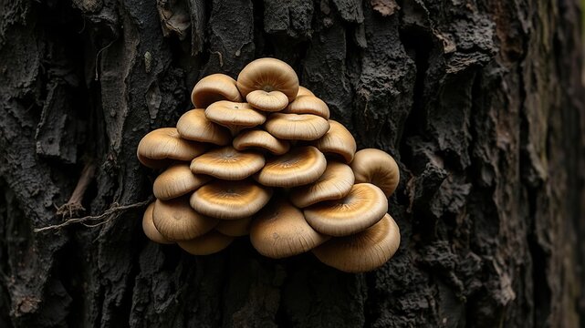 Earthy brown fungus growing on decaying tree trunk, fungal growth, forest floor, tree deg tree trunk