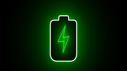 Lightning blinking bright bolt symbol with green neon shiny battery charging icon. Battery status sign with glowing green background.