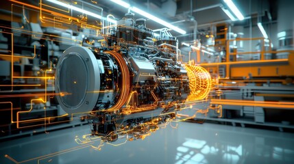 Fototapeta premium Futuristic Modern Car Engine Design in Well-lit Workshop Showcasing Seamless Integration of Engineering Excellence