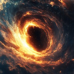 A stunning cosmic image of a swirling black hole surrounded by fiery gases and stars, showcasing the beauty of the universe.