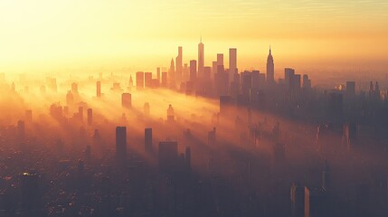 Obraz premium Aerial view of a city skyline at sunset, with light beams piercing through the atmosphere.