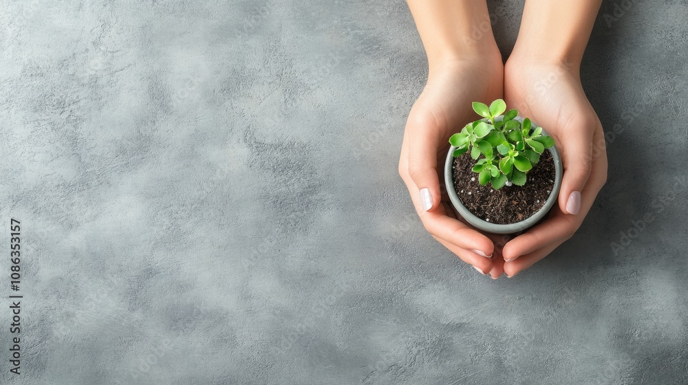 Poster Two hands cradle a small seedling in a pot, emphasizing the importance of nurturing plants in a calming indoor environment. Generative AI
