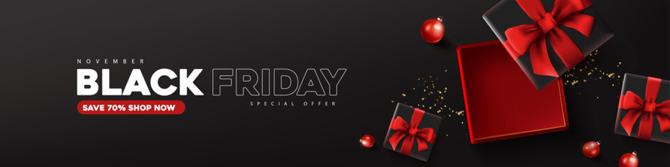 Black friday sale banner layout design template with open gift box red bow decorate