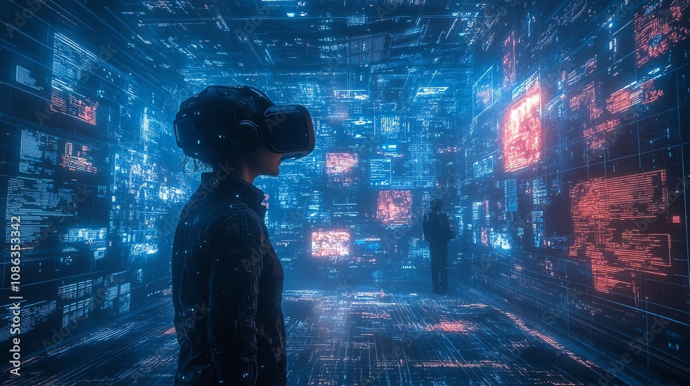 Poster a person wearing a vr headset stands in a futuristic room filled with data and screens, exploring th