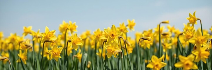 Fototapeta premium Field of bright yellow daffodil flowers swaying gently in the breeze, spring, landscape