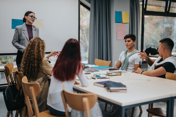 A diverse group of students participating in a lively classroom discussion with their teacher, showcasing active learning and collaboration in an educational setting.