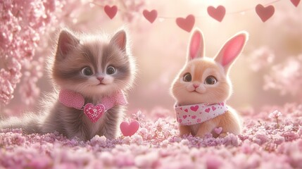 Adorable Kitten and Bunny in a Romantic Spring Setting