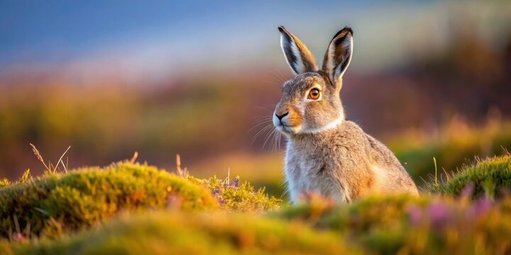 Shallow focus shot of a Mountain Hare in a field with a blurred background in Glenshee, Scotland, UK , Mountain Hare, field, Glenshee