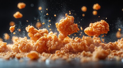 Crispy, golden-brown fried chicken pieces in mid-air with crumbs and steam, against a dark background.