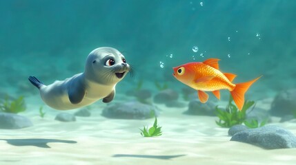 A playful baby seal chasing a darting fish under the sea, both characters animated in vibrant colors against a clear oceanic background.