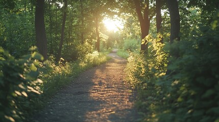 Obraz premium A serene forest path illuminated by sunlight, inviting exploration and tranquility.