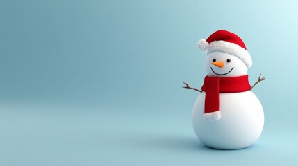 A cheerful snowman adorned with a vibrant red scarf and a festive Santa hat, radiating warmth and holiday spirit amidst a winter wonderland.