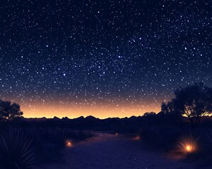 Starry night sky over Australian outback landscapes with subtle glowing lights ,