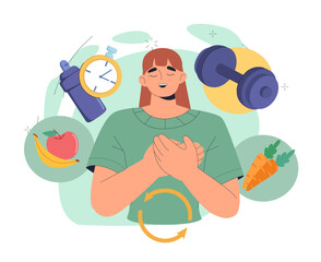 Woman with sportive lifestyle. Young girl near dumbbell and fruits with vegetables. Proper diet and nutrition with vitamins. Healthy lifestyle. Flat vector illustration isolated on white background