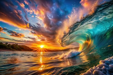 Dramatic Ocean Wave at Sunset &acirc;&euro;&ldquo; Aerial Drone Photography of Nature's Energy and Life Force in Motion
