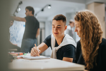 Two high school students are focused on a collaborative project, sharing ideas and working together at a desk in a classroom environment.