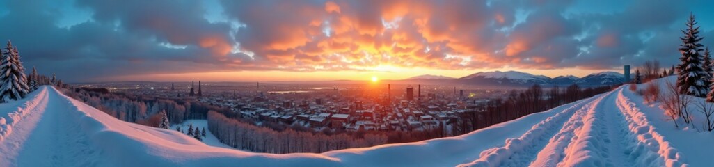 Obraz premium 360 degree photo, Sunset Over a Snowy City, A 360-degree view