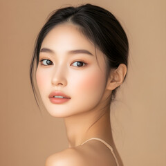 A close-up portrait of a young woman with a smooth complexion and a soft expression against a warm, neutral background.