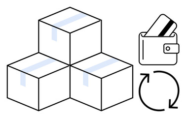 Three stacked boxes, wallet with card, and recycling arrows. Ideal for e-commerce, logistics, payment systems, sustainability, shipping retail and recycling themes. Line metaphor