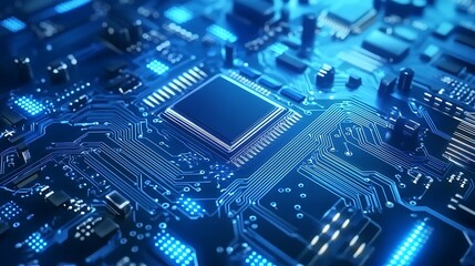 Fototapeta premium Blue Circuit Board with a Central Processor