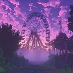 Abandoned Ferris Wheel Under Purple Sky.