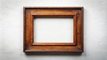 Empty vintage wooden picture frame on a white wall background, decorative, antique, retro, interior, design, mockup