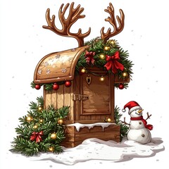 Christmas Wooden Chest with Reindeer Antlers, Snowman, and Festive Decorations