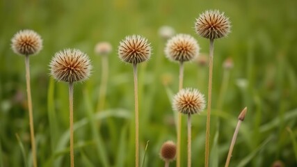 Obraz premium Hairy oval-shaped flowers standing upright in a meadow, nature photography, rural landscape, wildflower stems
