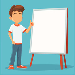 Young Boy Pointing at a Blank Canvas for a Class Presentation