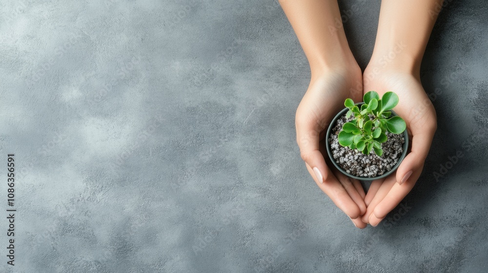 Aufkleber two hands carefully cradle a small seedling in a pot, showcasing a connection with nature in a calmi