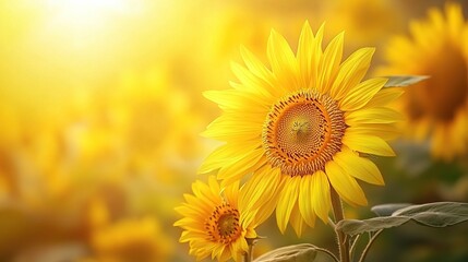Obraz premium A vibrant sunflower in a field, illuminated by warm sunlight, showcasing nature's beauty.