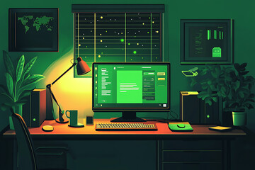 A cozy workspace with a computer, plants, and warm lighting, ideal for productivity.