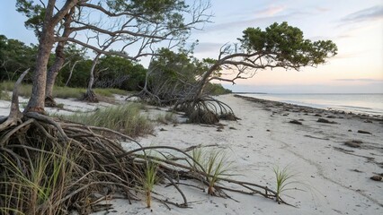 Mangrove tree roots and trunks are scattered across the sand of a beach at twilight, their branches tangled with beach grasses and seaweed, beach debris, mangroves, sand dunes, ocean waves, driftwood
