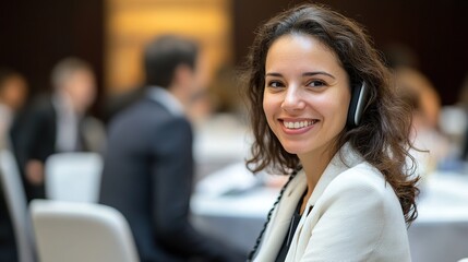 Obraz premium Professional Woman Smiling While Engaged in a Phone Call During a Business Event, Highlighting Joy and Communication in a Corporate Setting
