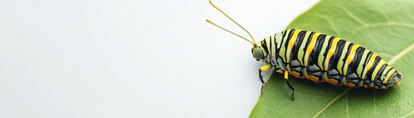Vibrant Caterpillar on Leaf Displaying Striking Yellow and Black Stripes Against a Soft Background, Symbolizing Transformation and Nature's Beauty