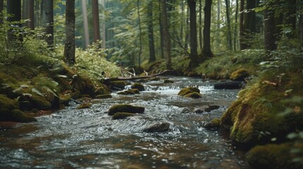 Obraz premium Peaceful river flowing through a forest, natural tranquility