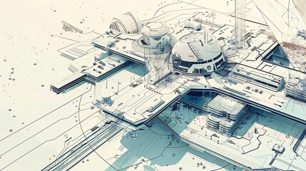 Detailed designs of advanced urban planning, emphasizing cutting-edge construction technology and the use of renewable building resources