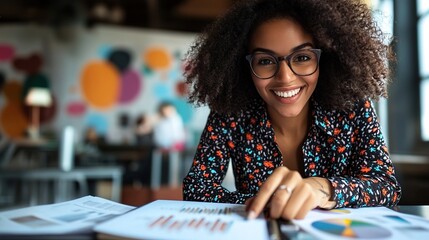Fototapeta premium Young Businesswoman Smiling at Her Desk While Reviewing Documents and Charts in a Modern Workspace with Creative Background Elements