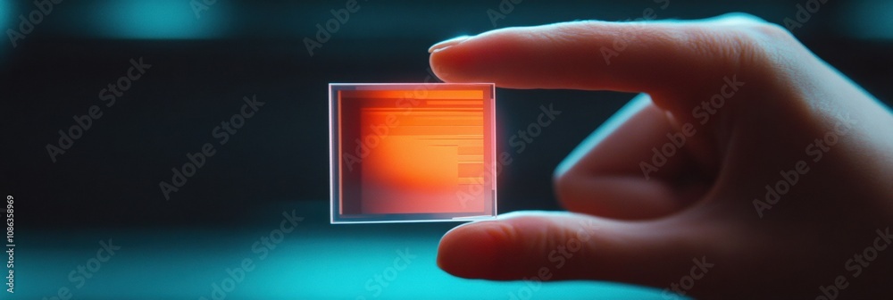 Leinwandbilder a hand grips a small biochip that displays illuminated health data on a holographic screen, showcasi