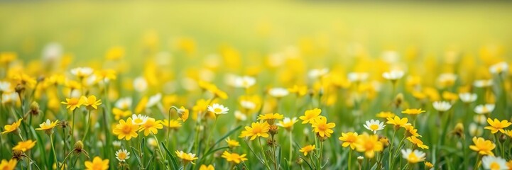 Obraz premium Peaceful Spring Landscape with Yellow and White Flowers, white flowers, natural beauty, peaceful landscape