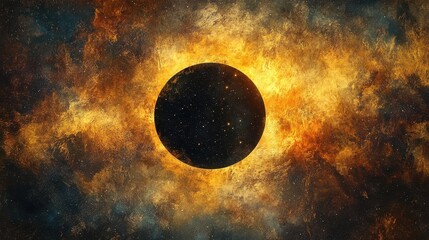 Naklejka premium A cosmic scene featuring a dark celestial body surrounded by vibrant, fiery colors, resembling a solar eclipse in a starry universe.