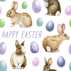 Hand-painted seamless pattern with cute bunnies and colorful Easter painted eggs. Perfect for spring decor, Easter backgrounds, gift wrap and holiday-themed festive designs