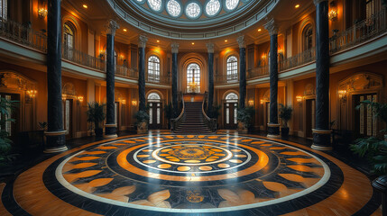 Obraz premium A grand atrium, bathed in golden light, whispers tales of opulent elegance.