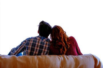 back view of young couple sitting on sofa isolated on white background.