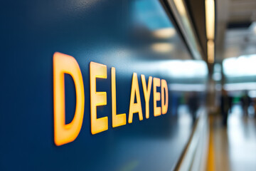 a flight or rail travel departure information board showing the word Delayed