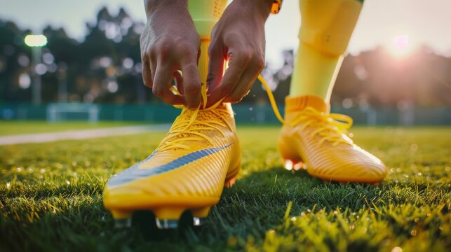Player lacing up their cleats before a football match, close-up on hands and boots