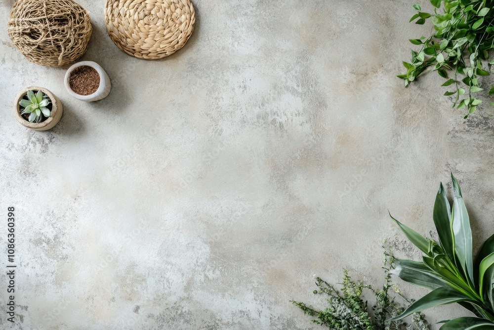 Poster Small potted plants and natural decorative items are neatly arranged on a serene gray surface, creating a calming atmosphere. Generative AI