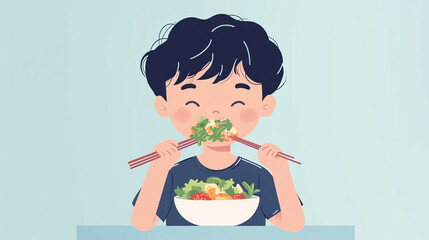 Young boy enjoying a fresh salad while using chopsticks at home during lunchtime